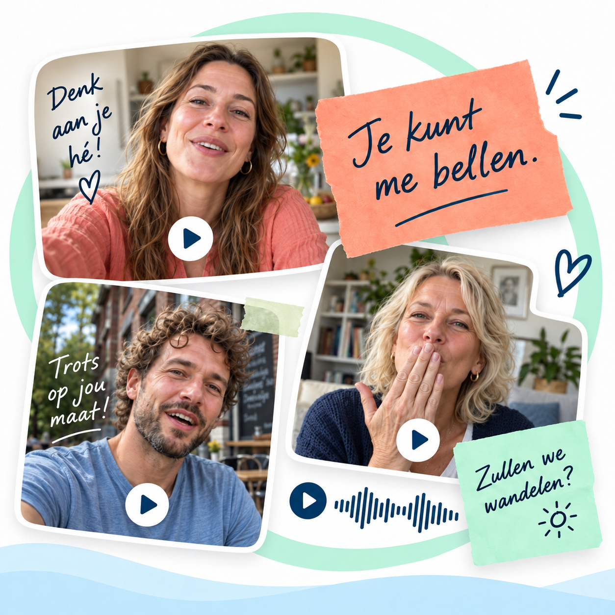 Voorbeelden van persoonlijke steun: videoboodschappen en briefjes met ‘Je kunt me bellen’ en ‘Zullen we wandelen?’